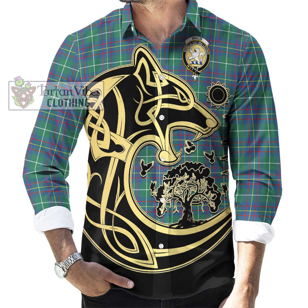 Inglis Ancient Tartan Long Sleeve Button Shirt with Family Crest Celtic Wolf Style - Tartan Vibes Clothing