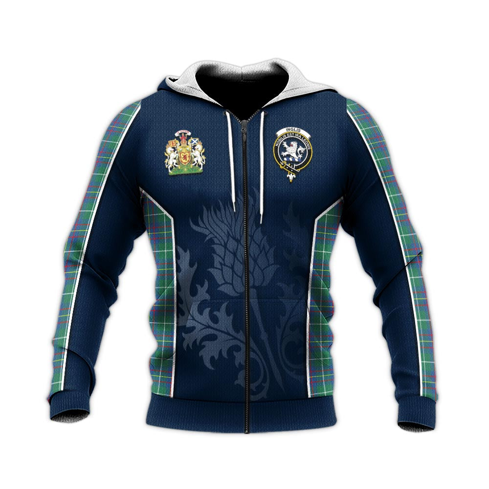 Tartan Vibes Clothing Inglis Ancient Tartan Knitted Hoodie with Family Crest and Scottish Thistle Vibes Sport Style