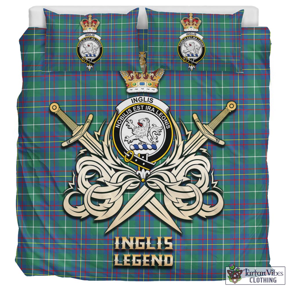 Tartan Vibes Clothing Inglis Ancient Tartan Bedding Set with Clan Crest and the Golden Sword of Courageous Legacy