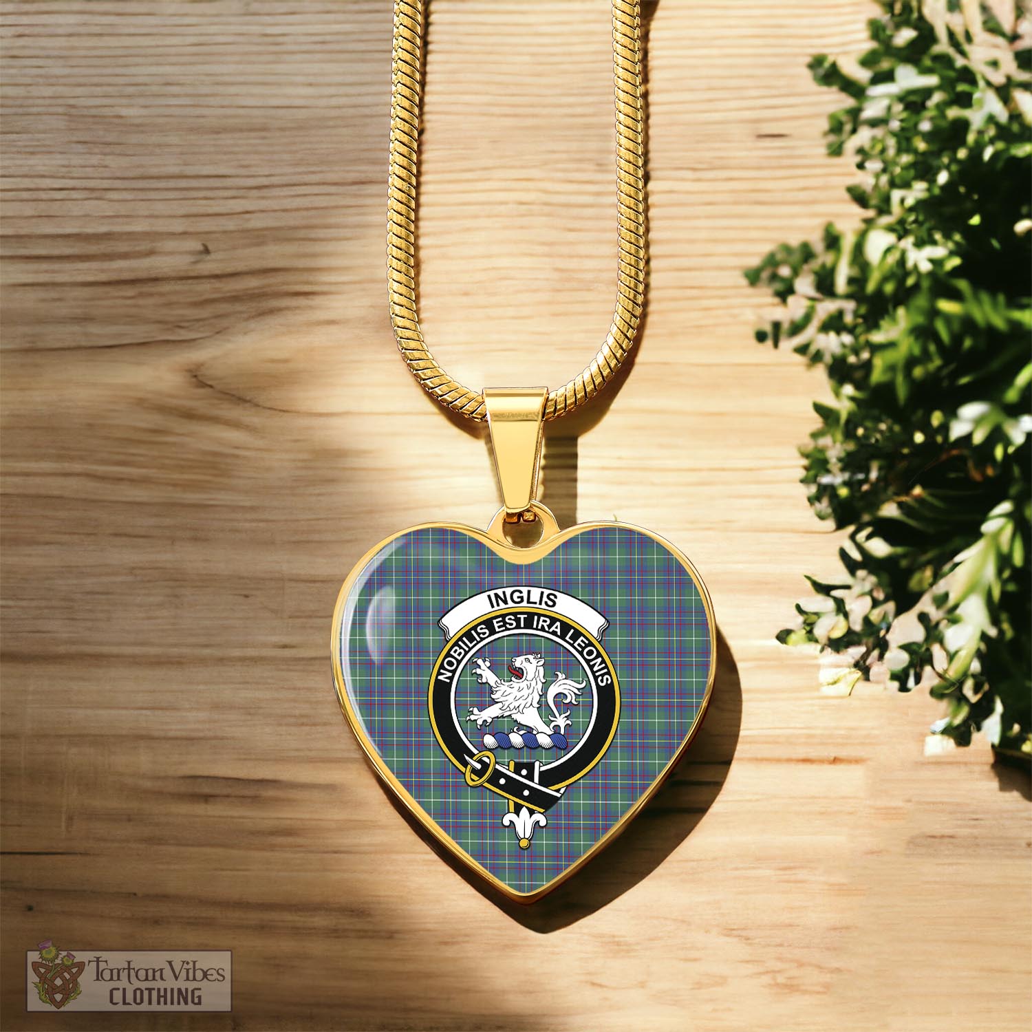 Tartan Vibes Clothing Inglis Ancient Tartan Heart Necklace with Family Crest