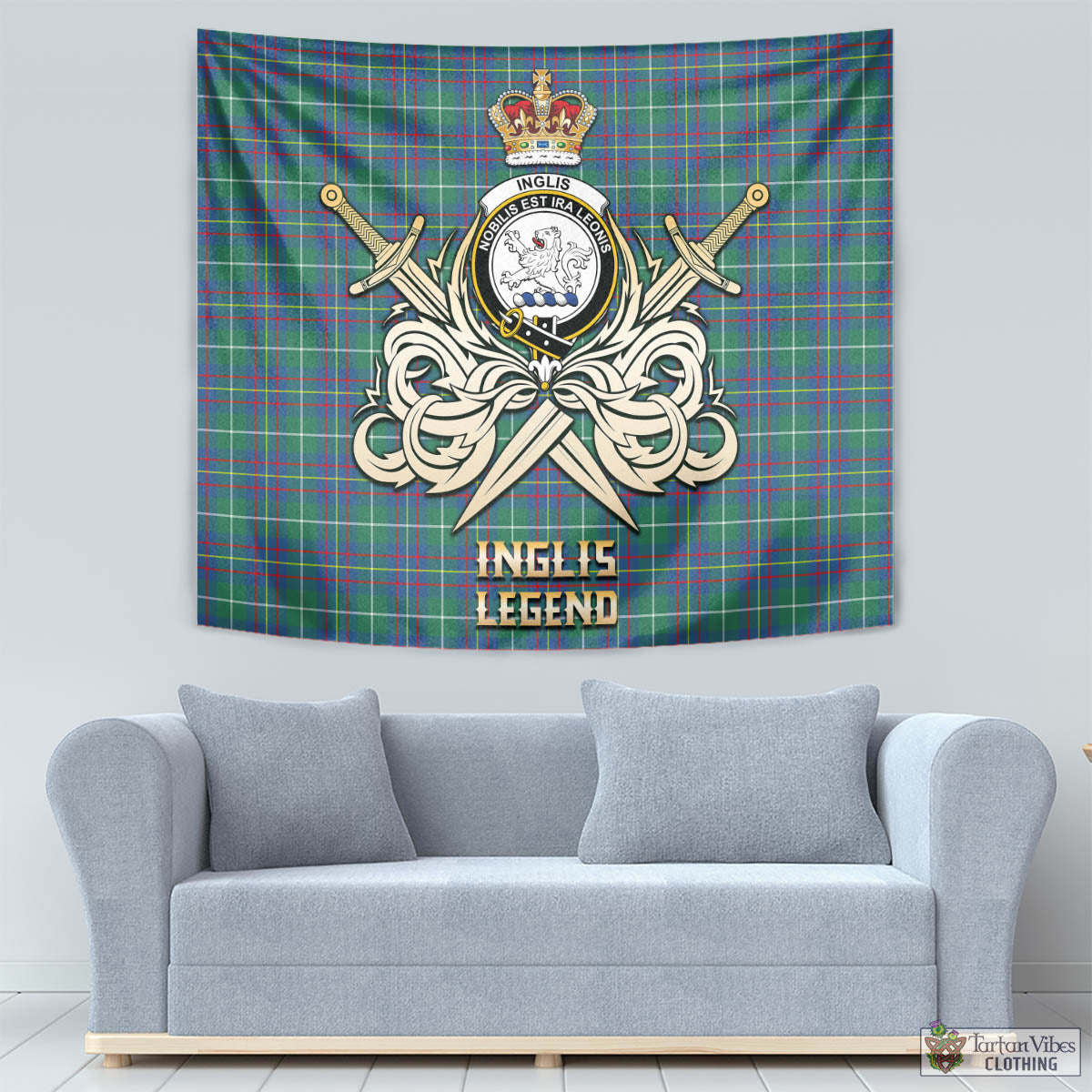 Tartan Vibes Clothing Inglis Ancient Tartan Tapestry with Clan Crest and the Golden Sword of Courageous Legacy