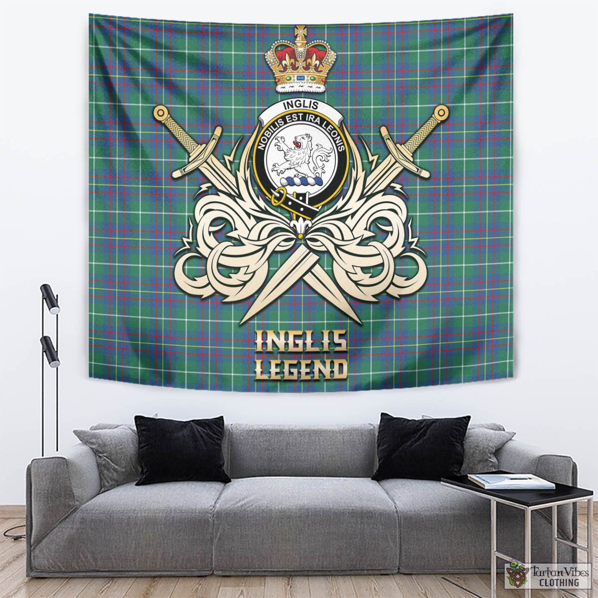 Tartan Vibes Clothing Inglis Ancient Tartan Tapestry with Clan Crest and the Golden Sword of Courageous Legacy