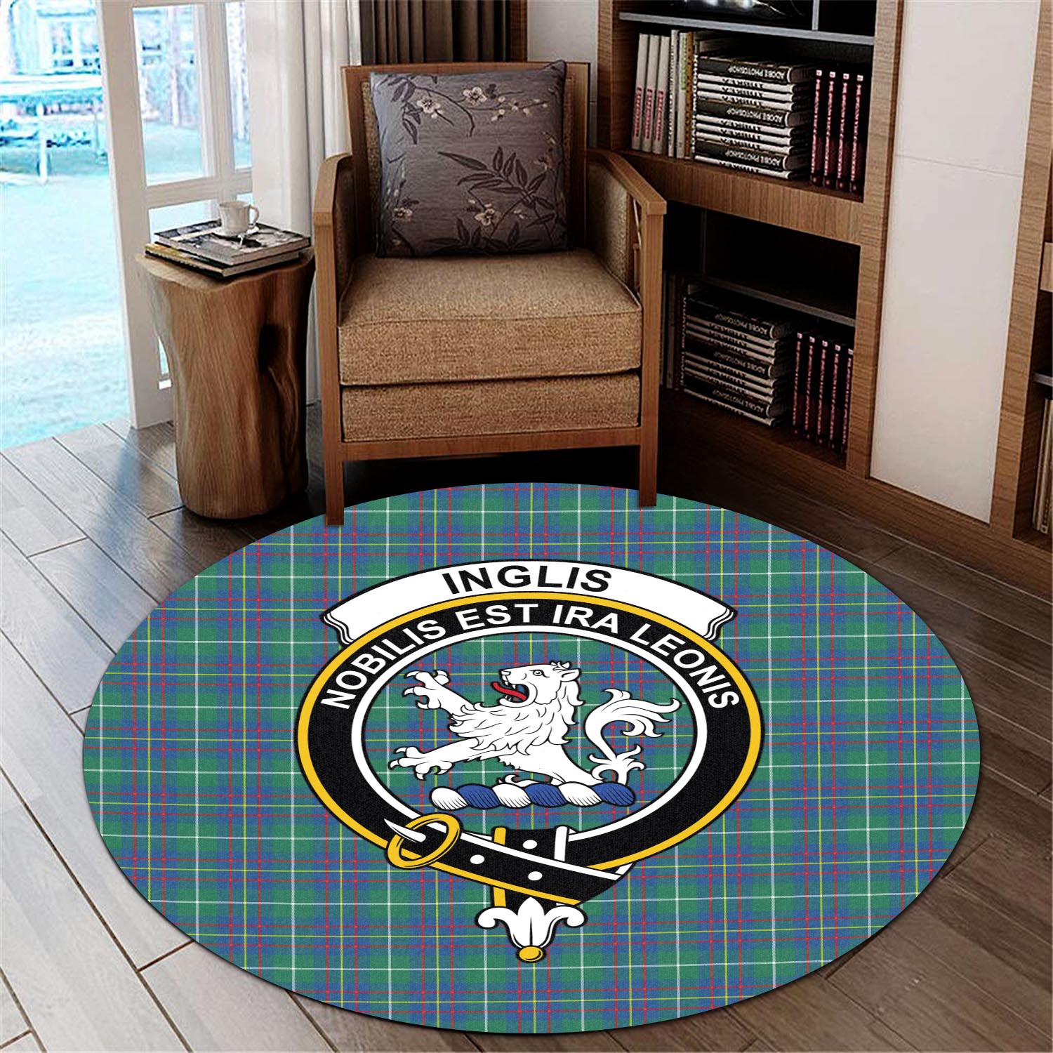 inglis-ancient-tartan-round-rug-with-family-crest