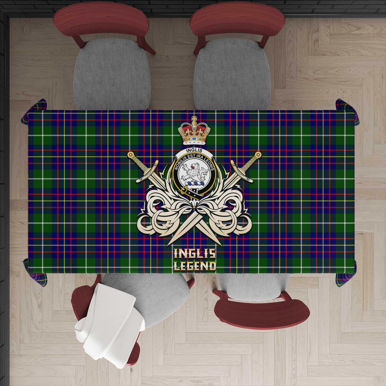 Tartan Vibes Clothing Inglis Modern Tartan Tablecloth with Clan Crest and the Golden Sword of Courageous Legacy