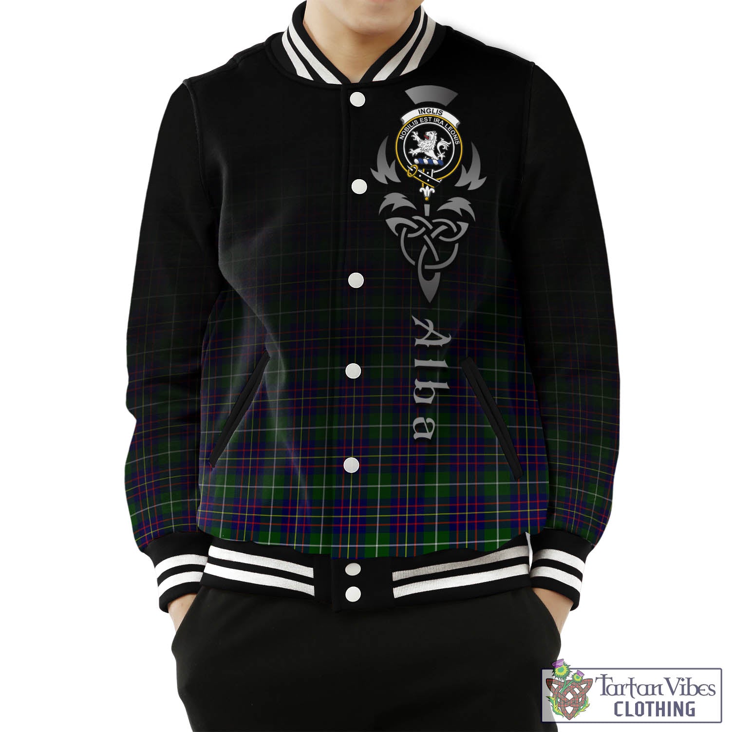 Tartan Vibes Clothing Inglis Modern Tartan Baseball Jacket Featuring Alba Gu Brath Family Crest Celtic Inspired