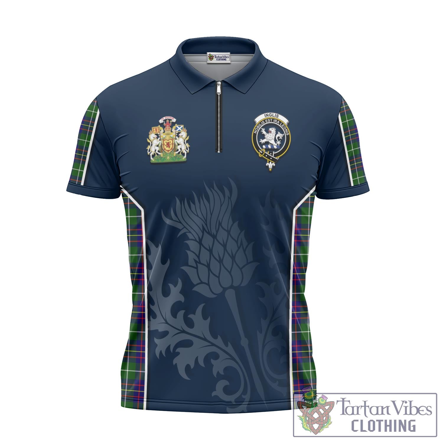 Tartan Vibes Clothing Inglis Modern Tartan Zipper Polo Shirt with Family Crest and Scottish Thistle Vibes Sport Style