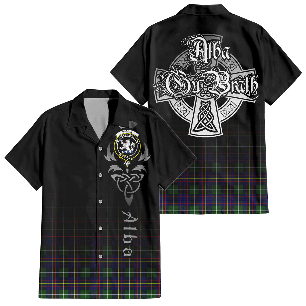 Tartan Vibes Clothing Inglis Modern Tartan Short Sleeve Button Up Featuring Alba Gu Brath Family Crest Celtic Inspired