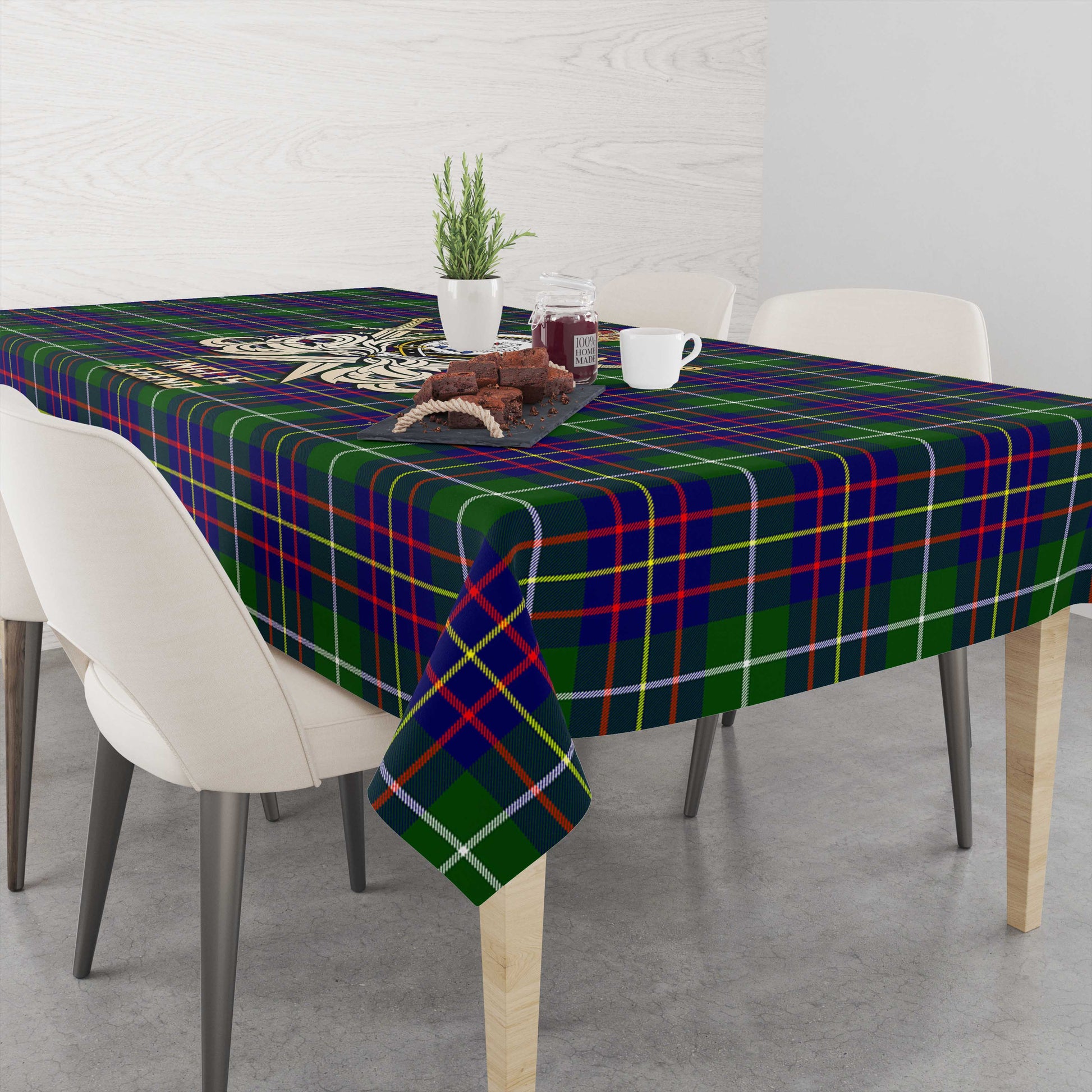 Tartan Vibes Clothing Inglis Modern Tartan Tablecloth with Clan Crest and the Golden Sword of Courageous Legacy