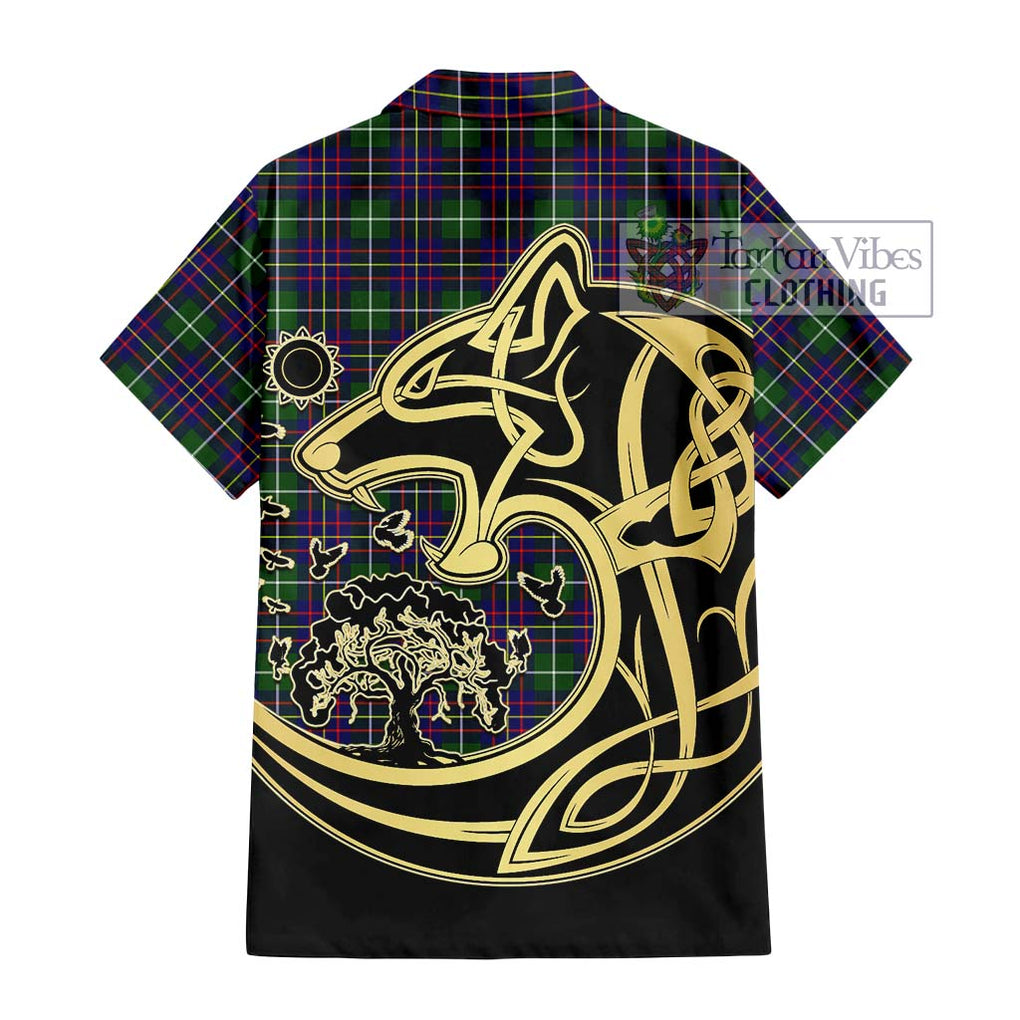 Inglis Tartan Short Sleeve Button Shirt with Family Crest Celtic Wolf Style - Tartan Vibes Clothing