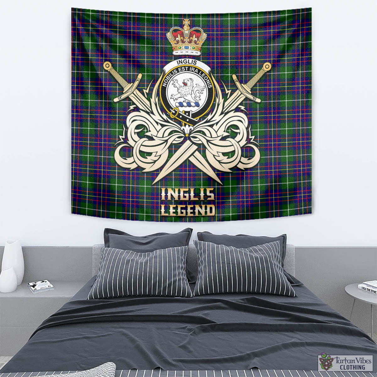 Tartan Vibes Clothing Inglis Modern Tartan Tapestry with Clan Crest and the Golden Sword of Courageous Legacy