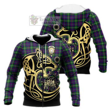 Inglis Tartan Knitted Hoodie with Family Crest Celtic Wolf Style