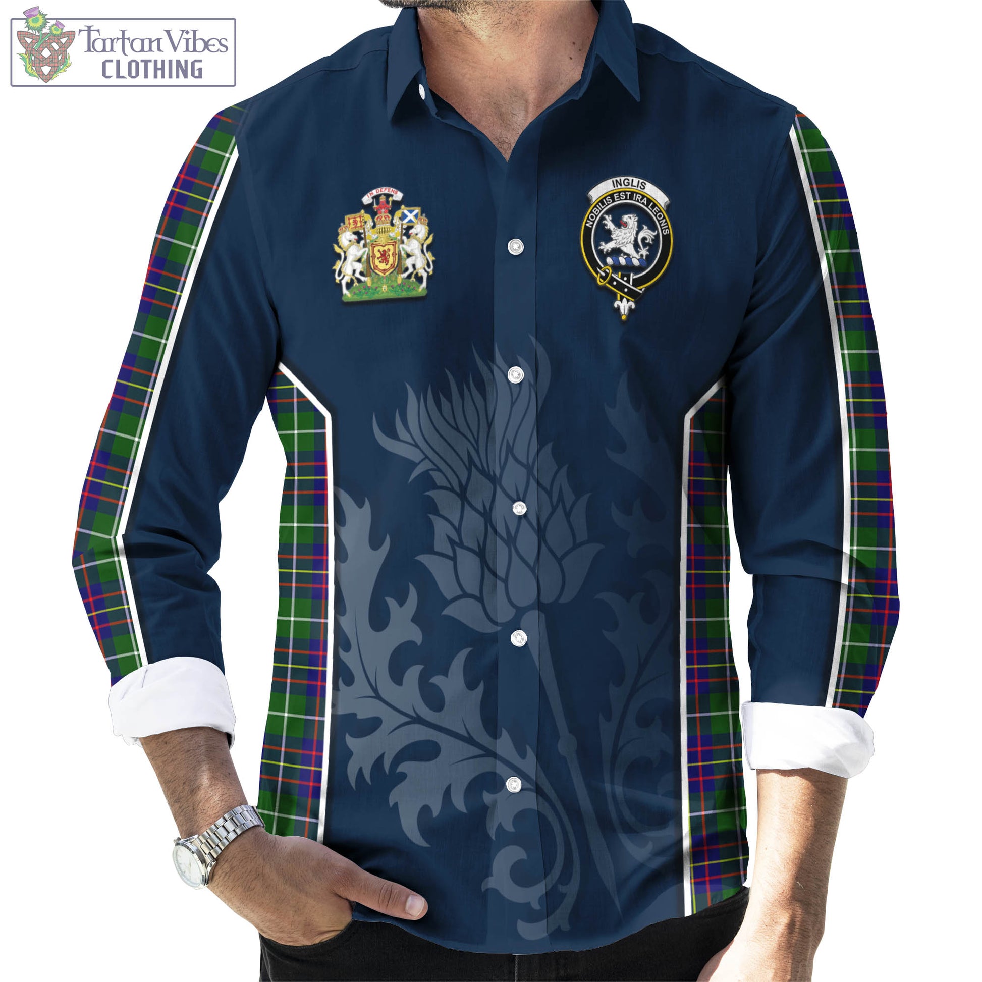 Tartan Vibes Clothing Inglis Modern Tartan Long Sleeve Button Up Shirt with Family Crest and Scottish Thistle Vibes Sport Style