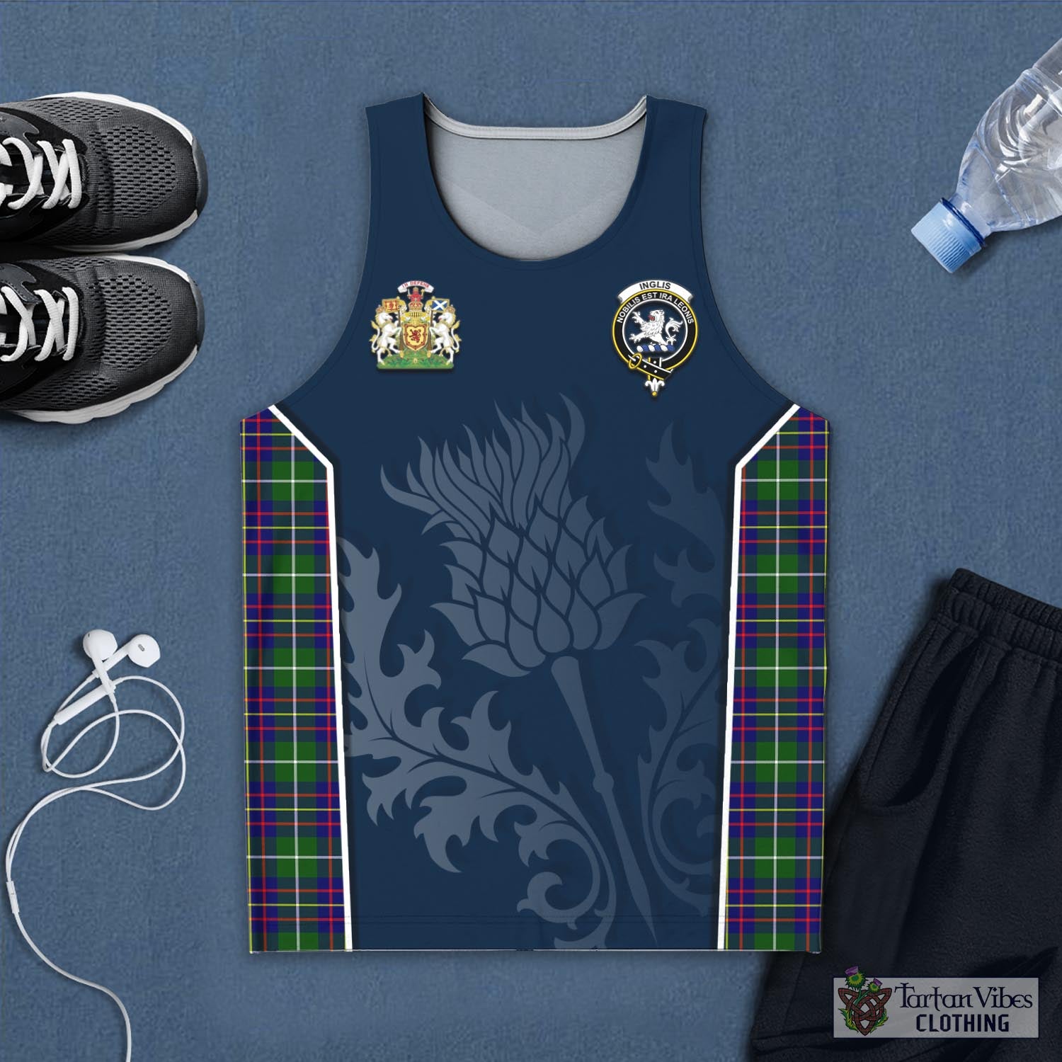 Tartan Vibes Clothing Inglis Modern Tartan Men's Tanks Top with Family Crest and Scottish Thistle Vibes Sport Style