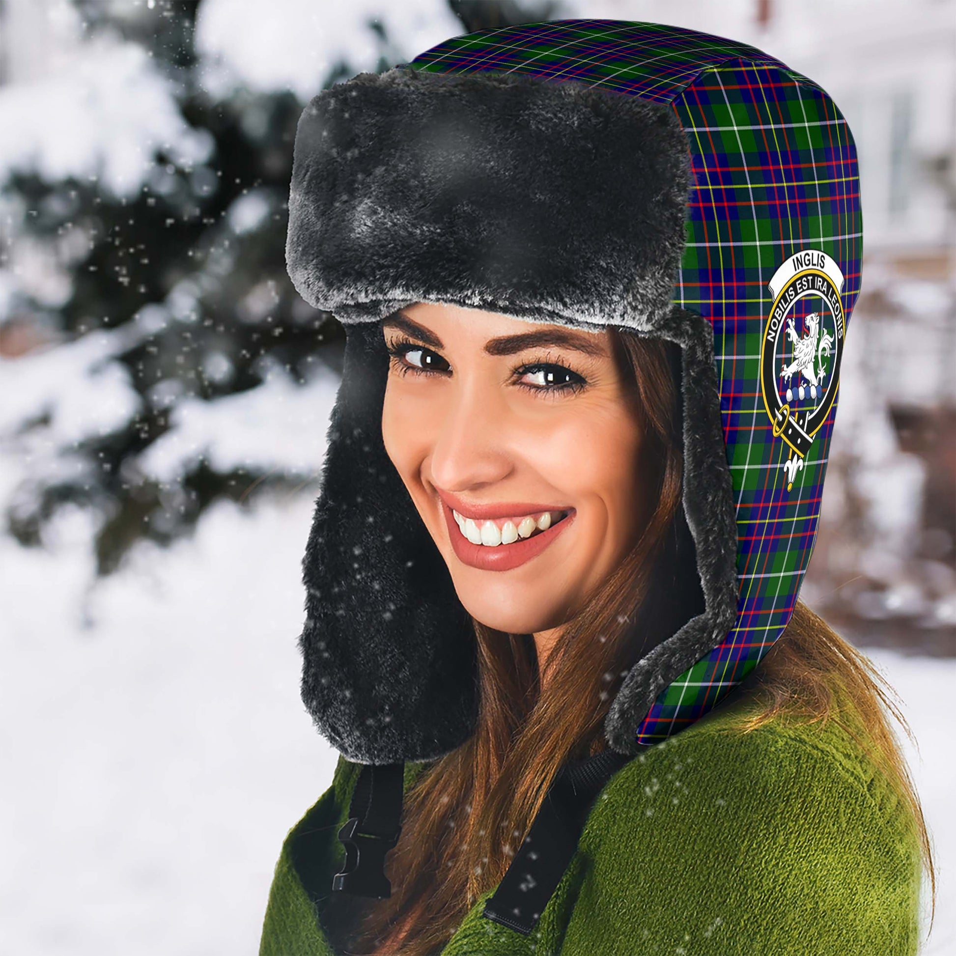 Inglis Modern Tartan Winter Trapper Hat with Family Crest - Tartanvibesclothing