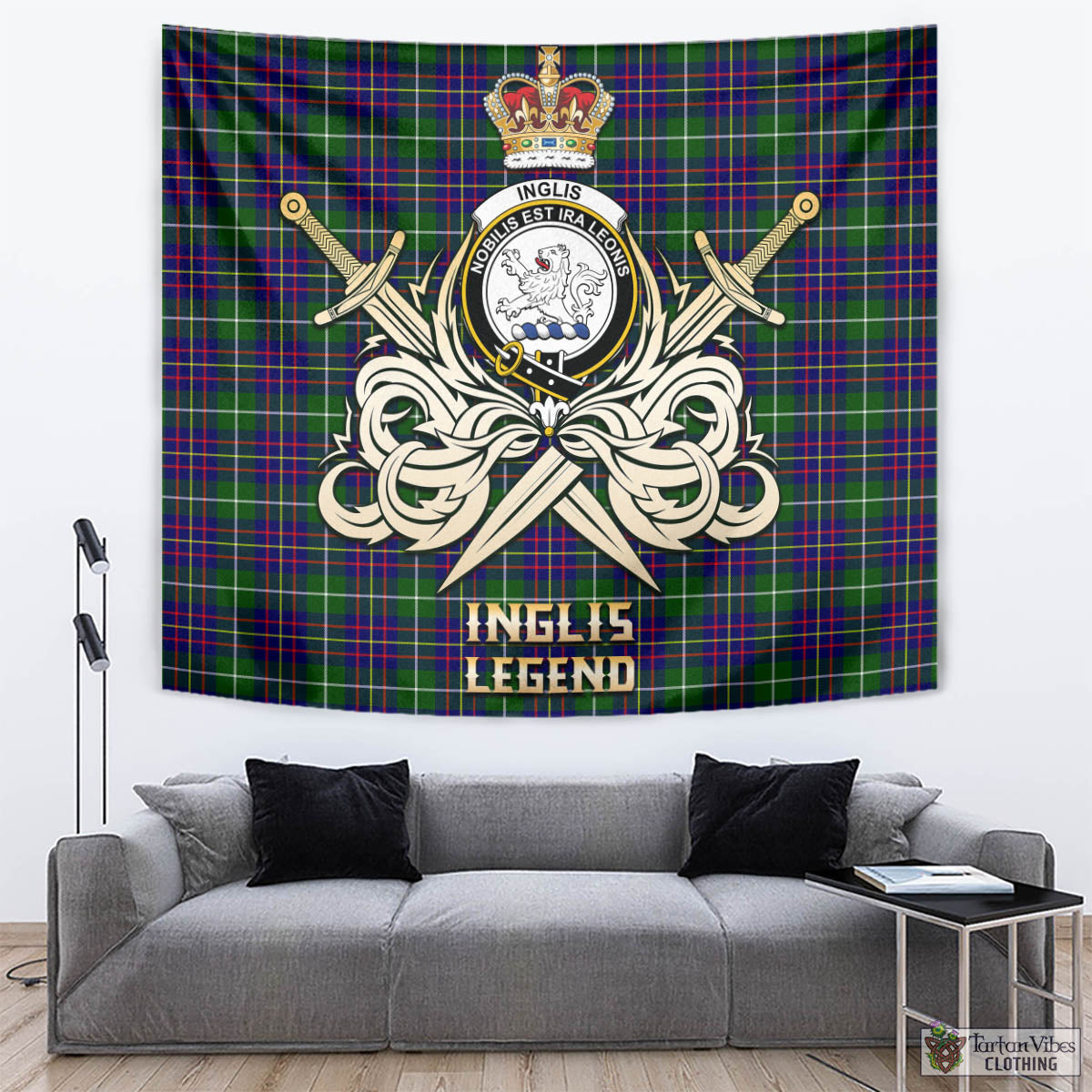 Tartan Vibes Clothing Inglis Modern Tartan Tapestry with Clan Crest and the Golden Sword of Courageous Legacy