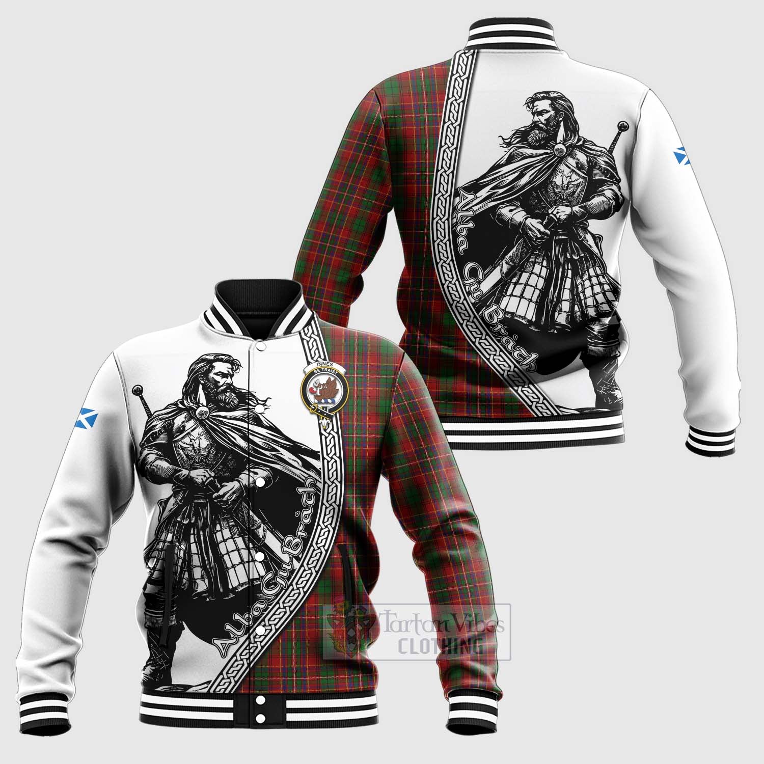 Tartan Vibes Clothing Innes Tartan Clan Crest Baseball Jacket with Highlander Warrior Celtic Style