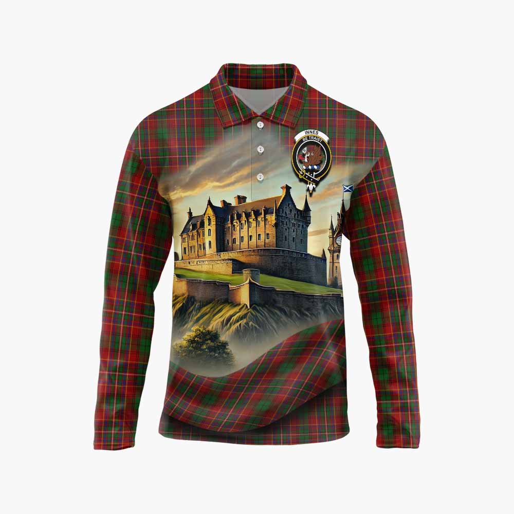 Innes Tartan Family Crest Long Sleeve Polo Shirt with Scottish Ancient Castle Style Unisex - Tartan Vibes Clothing