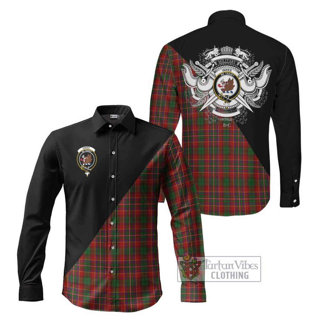 Innes Tartan Long Sleeve Button Shirt with Family Crest and Military Logo Style Men's Shirt S - Tartanvibesclothing Shop