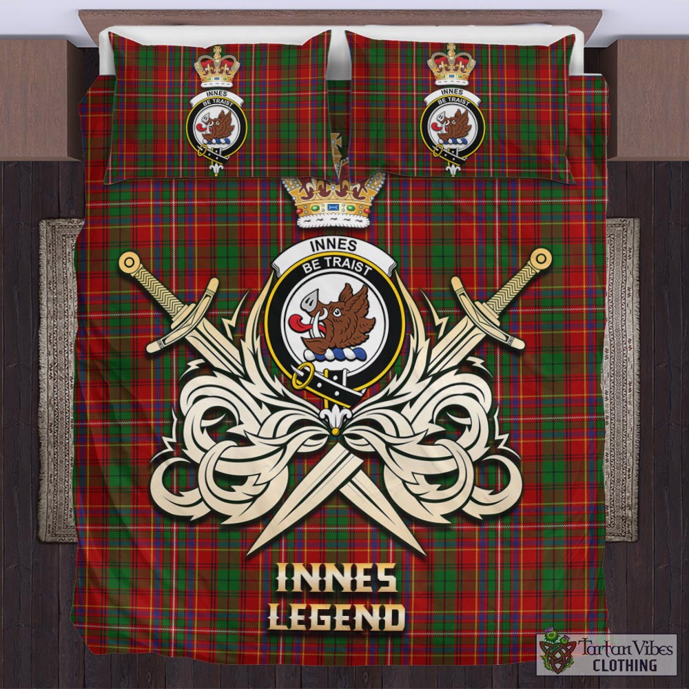 Tartan Vibes Clothing Innes Tartan Bedding Set with Clan Crest and the Golden Sword of Courageous Legacy