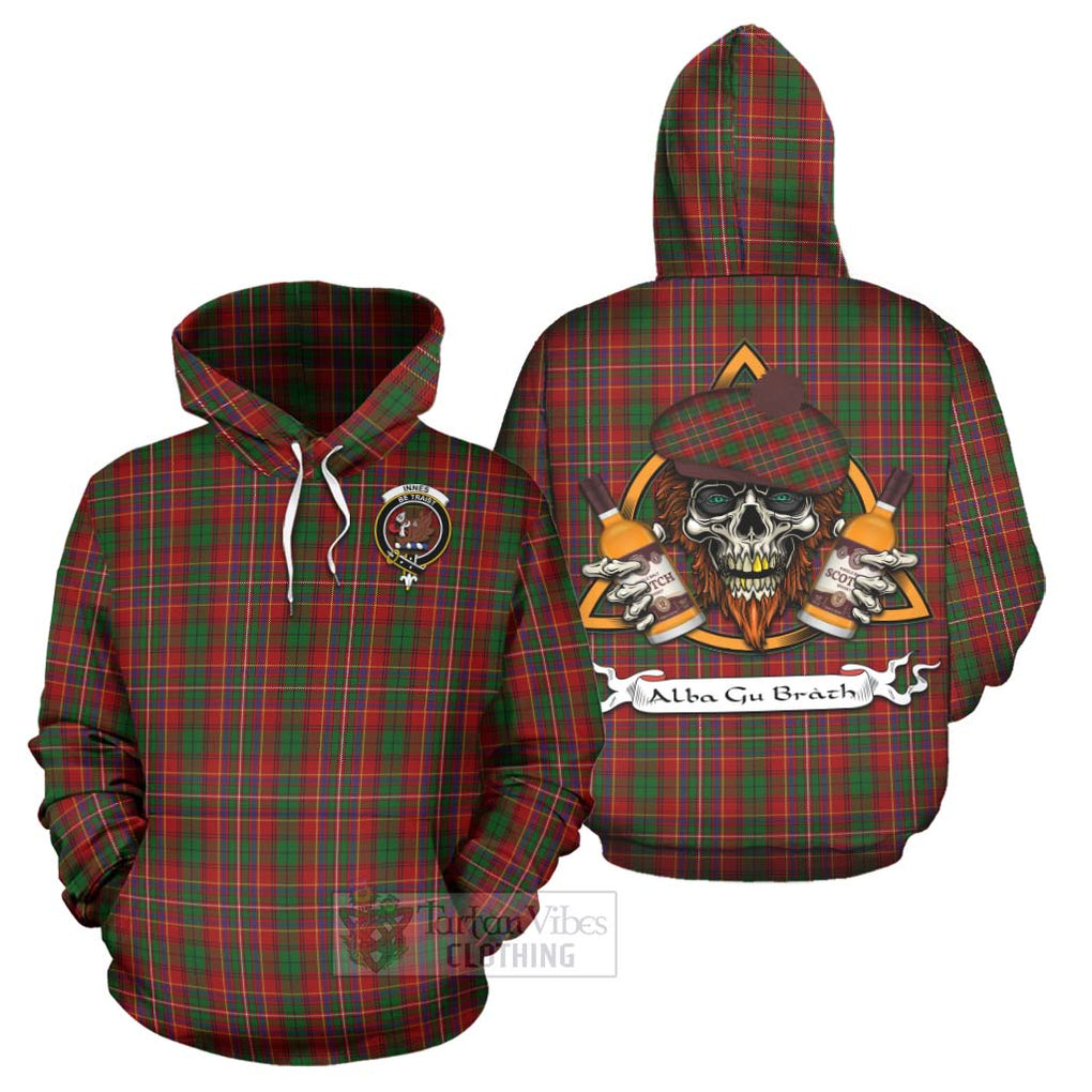 Tartan Vibes Clothing Innes Tartan Hoodie with Family Crest and Bearded Skull Holding Bottles of Whiskey