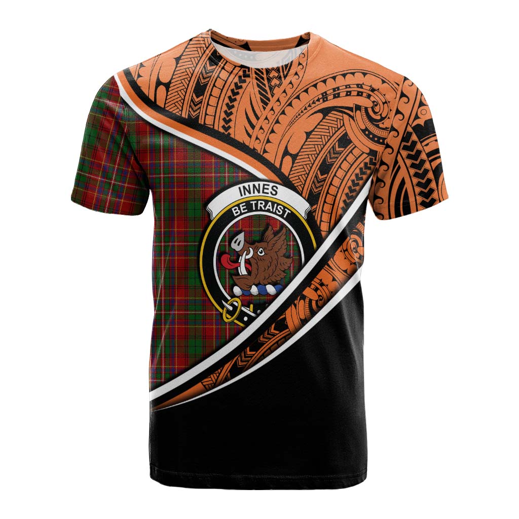 Tartan Vibes Clothing Innes Crest Tartan Cotton T-shirt with Maori Tattoo Style - Orange Version