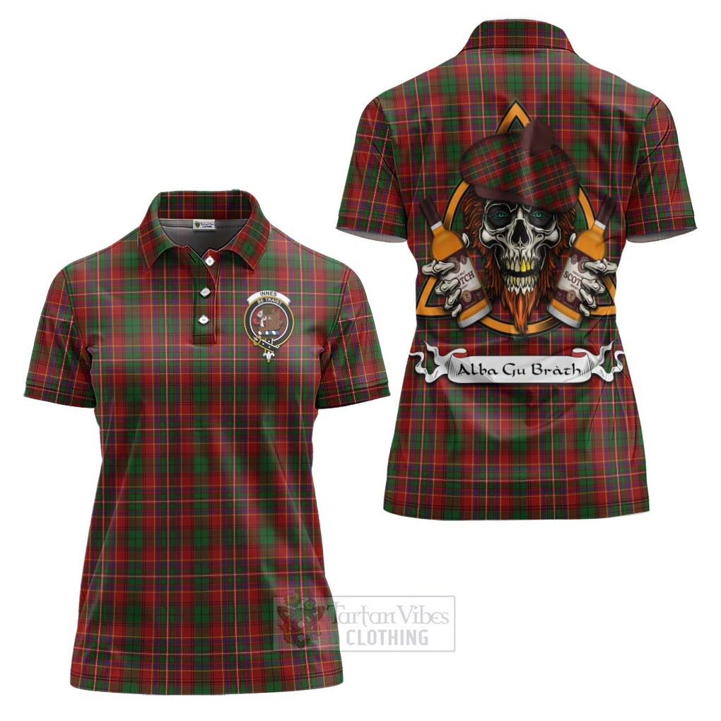 Tartan Vibes Clothing Innes Tartan Women's Polo Shirt with Family Crest and Bearded Skull Holding Bottles of Whiskey