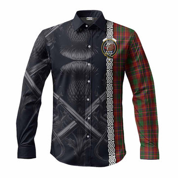 Innes Tartan Long Sleeve Button Shirt with Family Crest Cross Sword Thistle Celtic Vibes