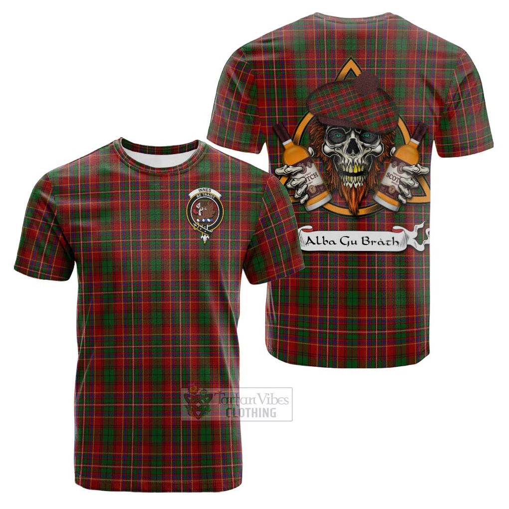 Tartan Vibes Clothing Innes Tartan Cotton T-shirt with Family Crest and Bearded Skull Holding Bottles of Whiskey