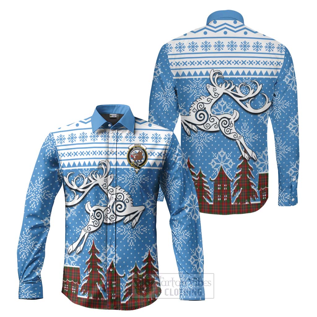 Tartan Vibes Clothing Innes Clan Christmas Long Sleeve Button Shirt Celtic Reindeer Style