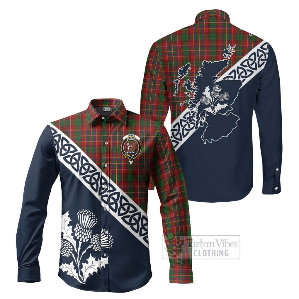 Tartan Vibes Clothing Innes Tartan Long Sleeve Button Shirt Featuring Thistle and Scotland Map