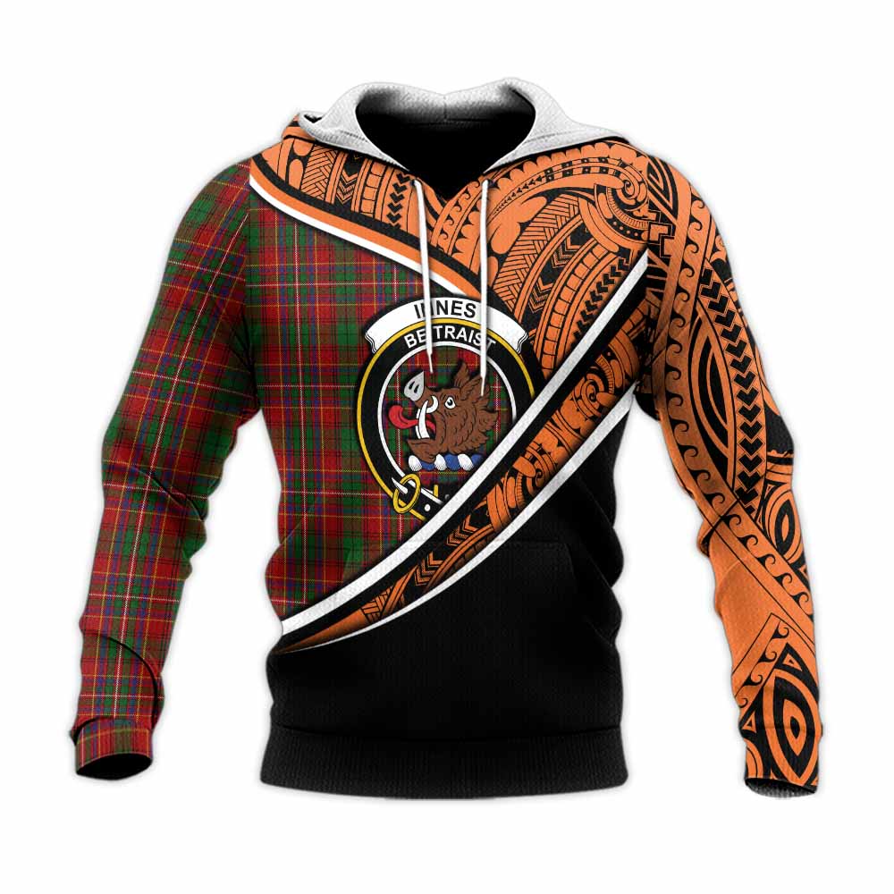 Tartan Vibes Clothing Innes Crest Tartan Knitted Hoodie with Maori Tattoo Style - Orange Version