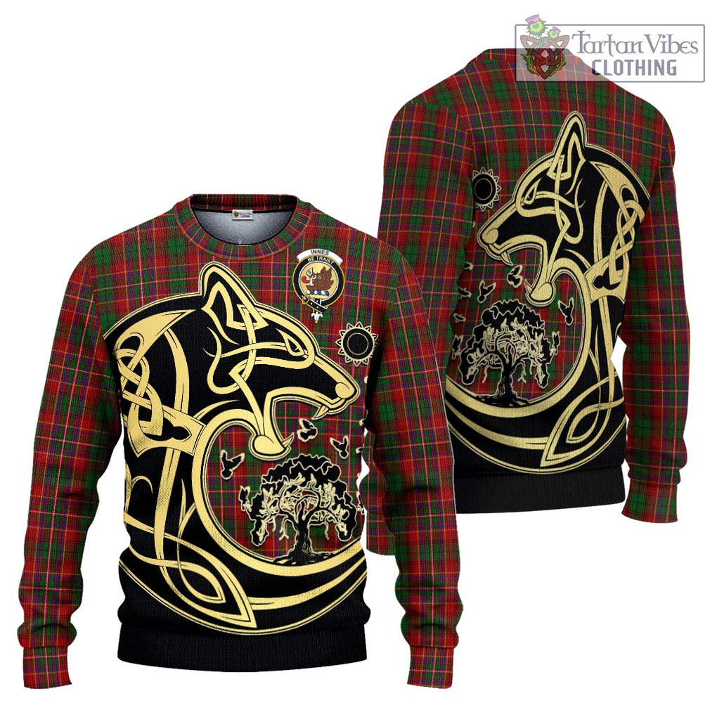 Innes Tartan Knitted Sweater with Family Crest Celtic Wolf Style Unisex - Tartan Vibes Clothing