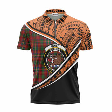 Innes Crest Tartan Zipper Polo Shirt with Polynesian Vibes Style - Orange Version