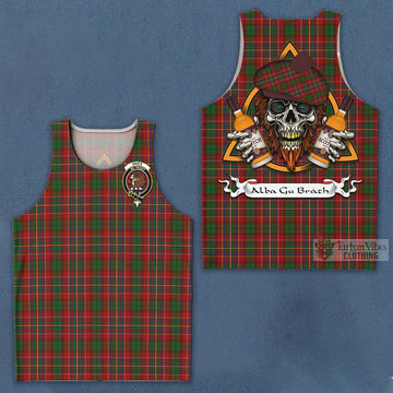 Innes Tartan Men's Tank Top with Family Crest and Bearded Skull Holding Bottles of Whiskey