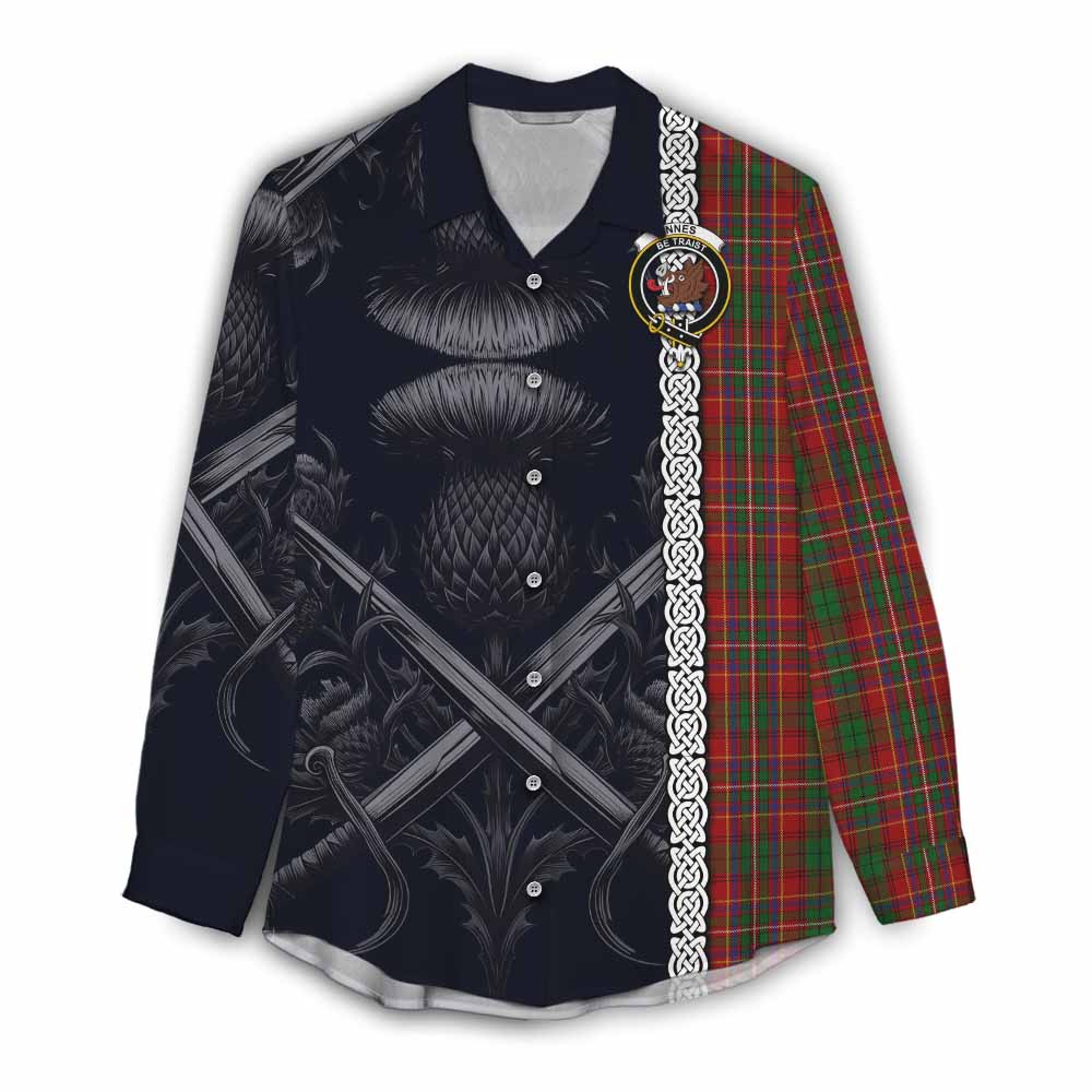 Tartan Vibes Clothing Innes Tartan Women's Casual Shirt with Family Crest Cross Sword Thistle Celtic Vibes