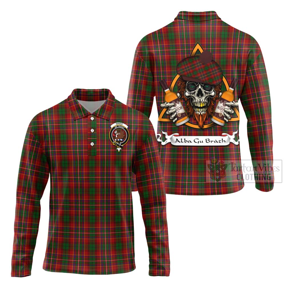 Tartan Vibes Clothing Innes Tartan Long Sleeve Polo Shirt with Family Crest and Bearded Skull Holding Bottles of Whiskey