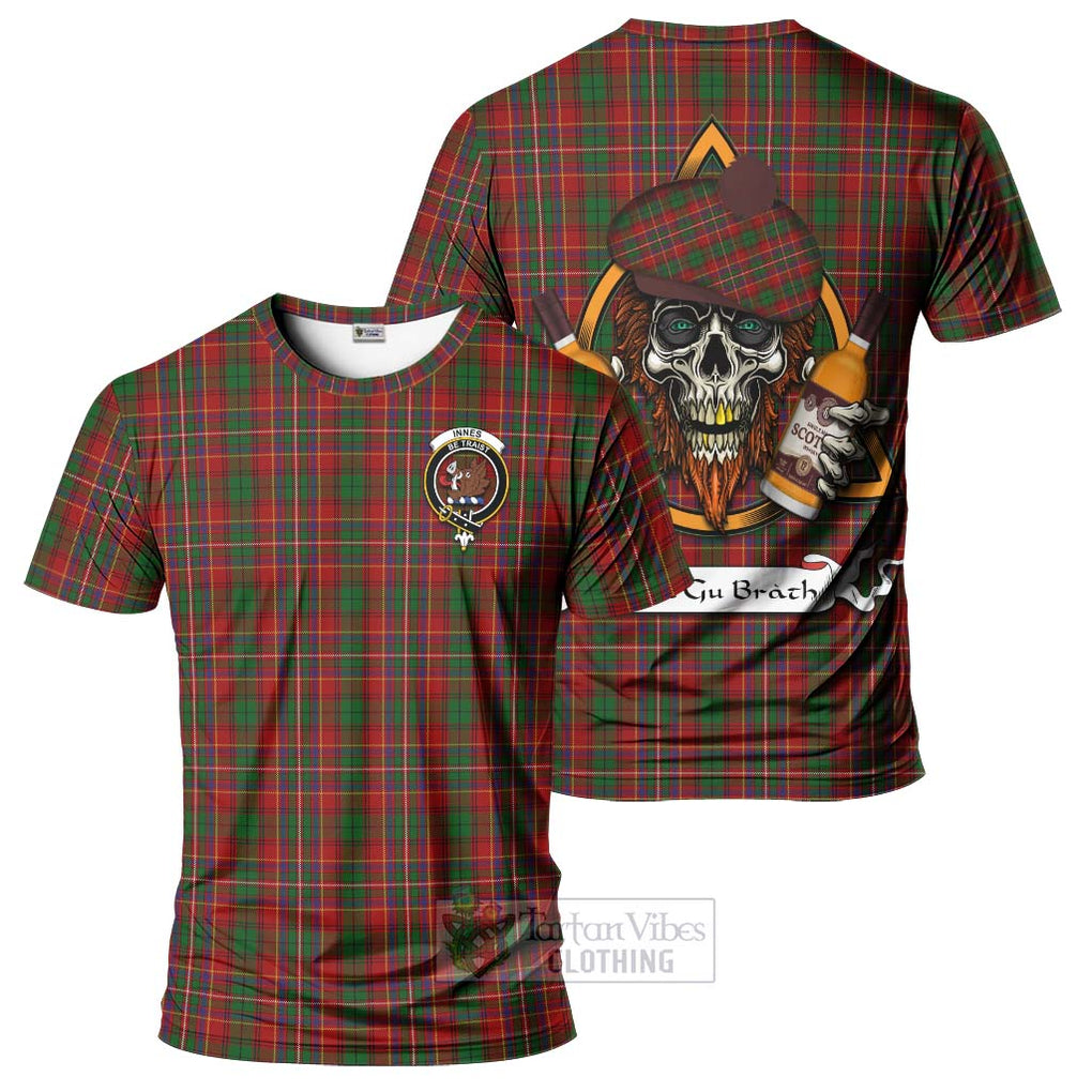 Tartan Vibes Clothing Innes Tartan T-Shirt with Family Crest and Bearded Skull Holding Bottles of Whiskey