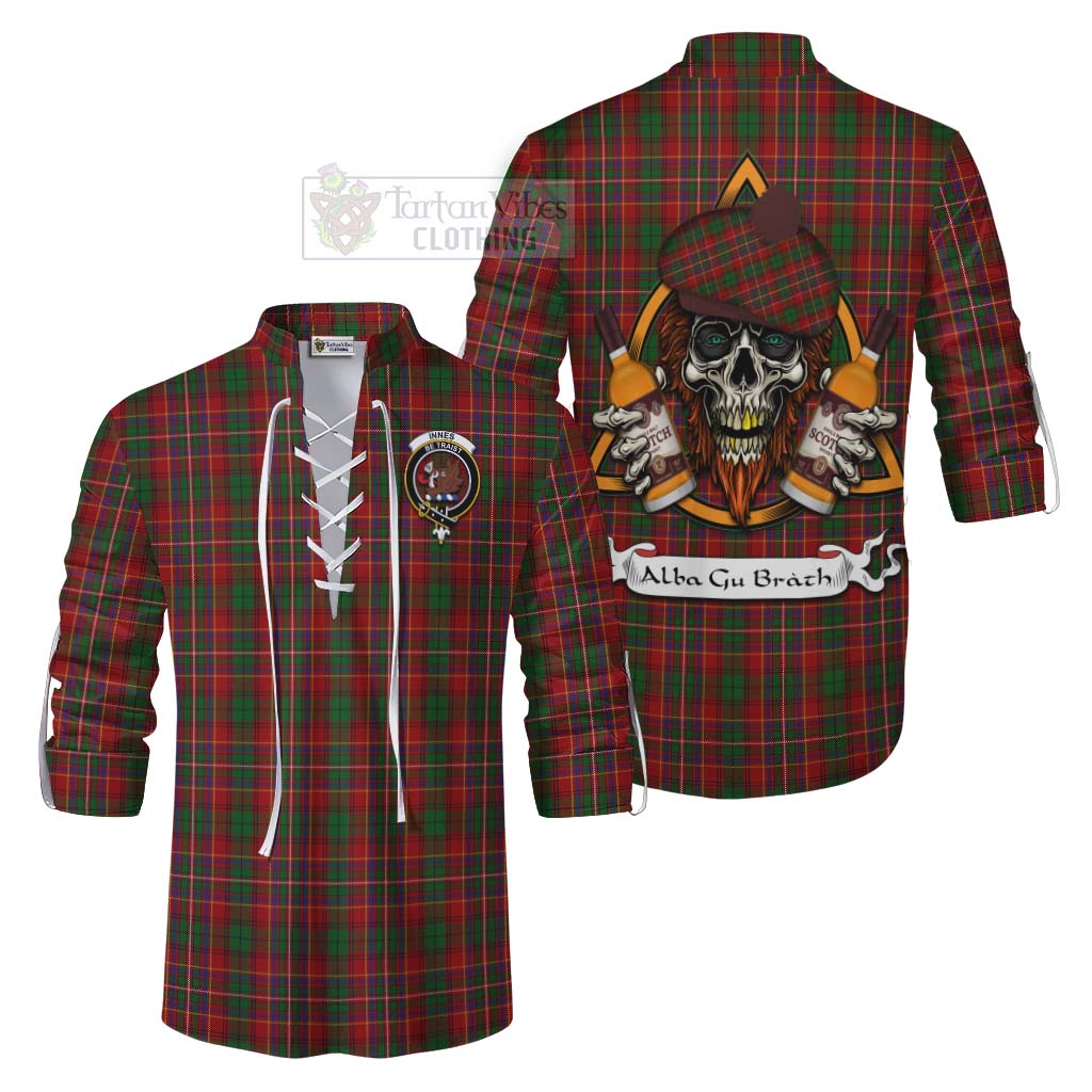 Tartan Vibes Clothing Innes Tartan Ghillie Kilt Shirt with Family Crest and Bearded Skull Holding Bottles of Whiskey