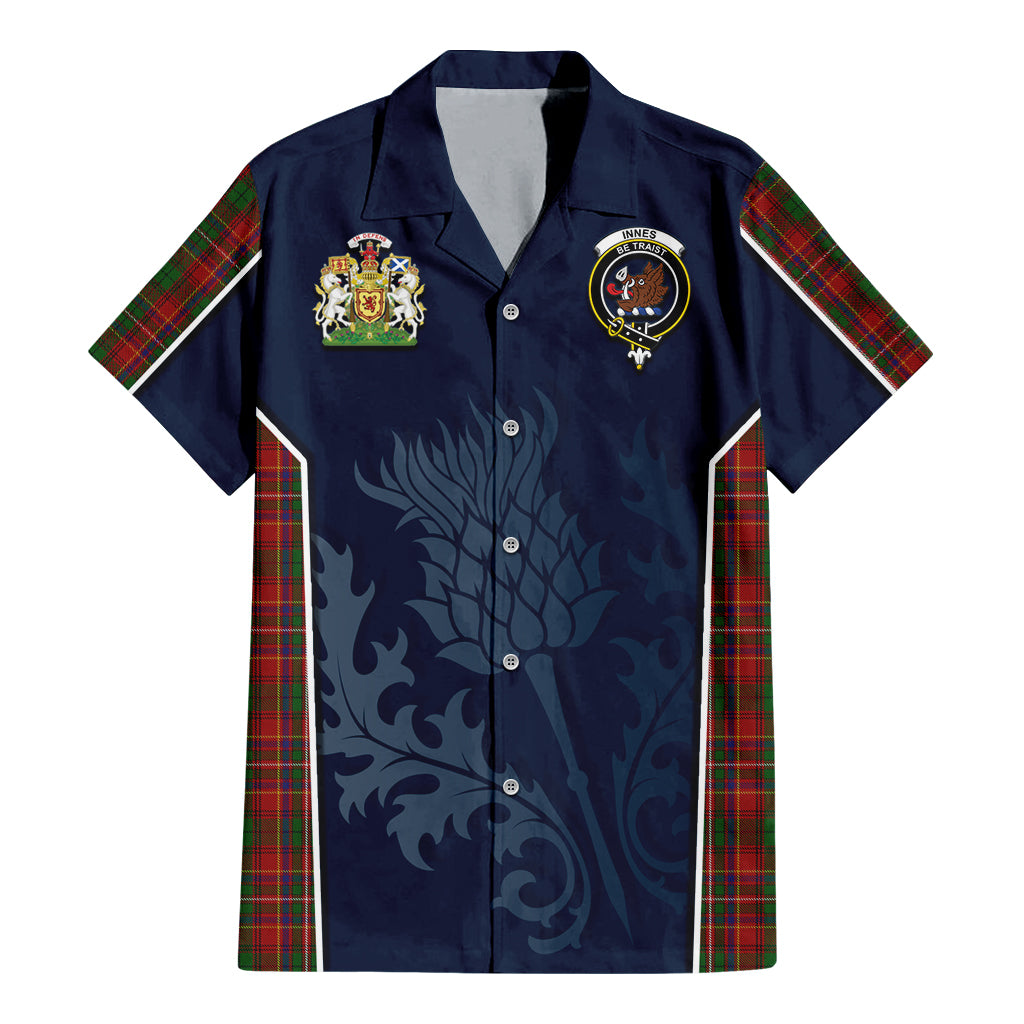 Tartan Vibes Clothing Innes Tartan Short Sleeve Button Up Shirt with Family Crest and Scottish Thistle Vibes Sport Style