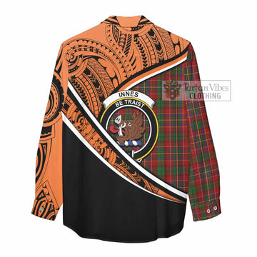 Innes Crest Tartan Women's Casual Shirt with Polynesian Vibes Style - Orange Version