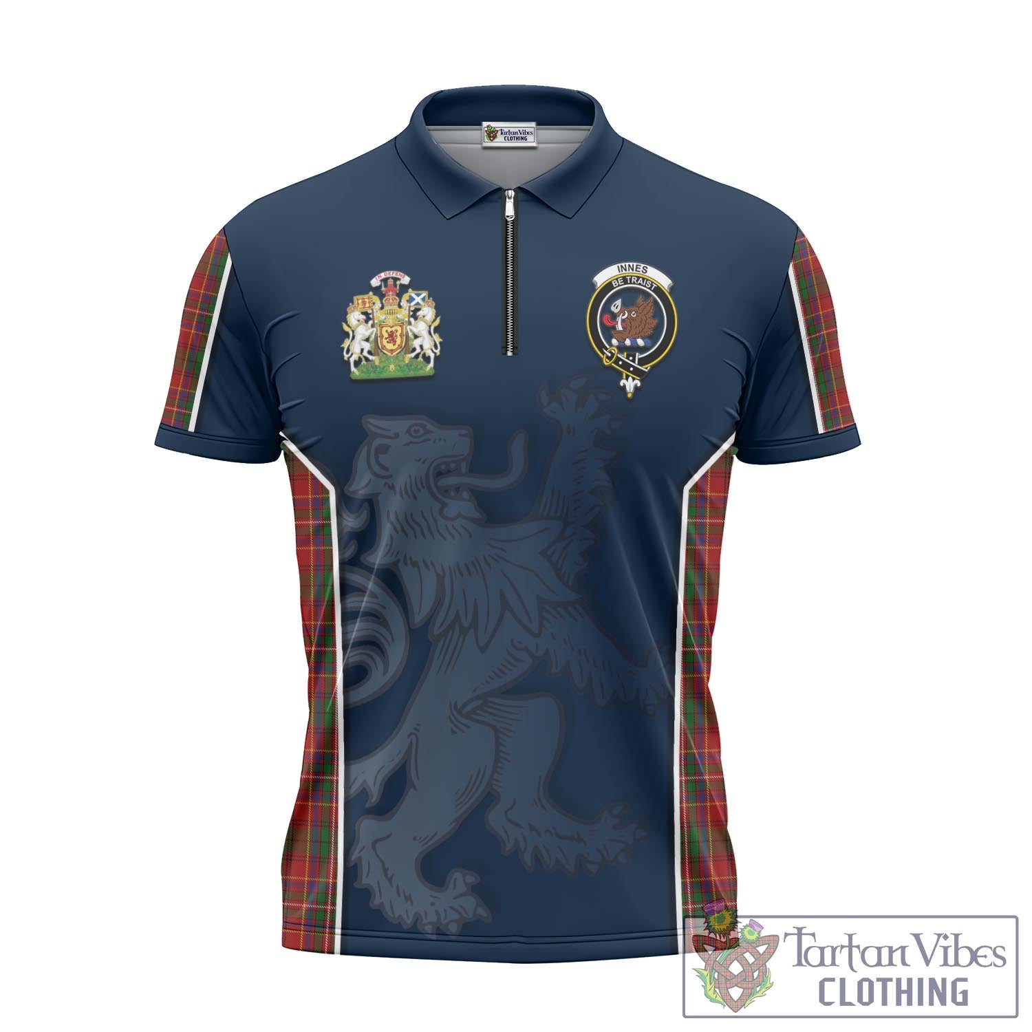 Tartan Vibes Clothing Innes Tartan Zipper Polo Shirt with Family Crest and Lion Rampant Vibes Sport Style