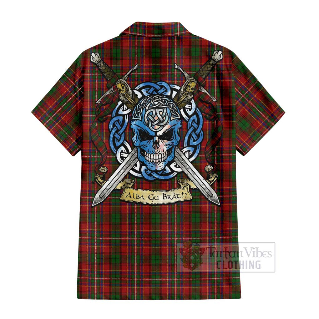 Tartan Vibes Clothing Innes Tartan Short Sleeve Button Shirt with Family Crest Celtic Skull Style