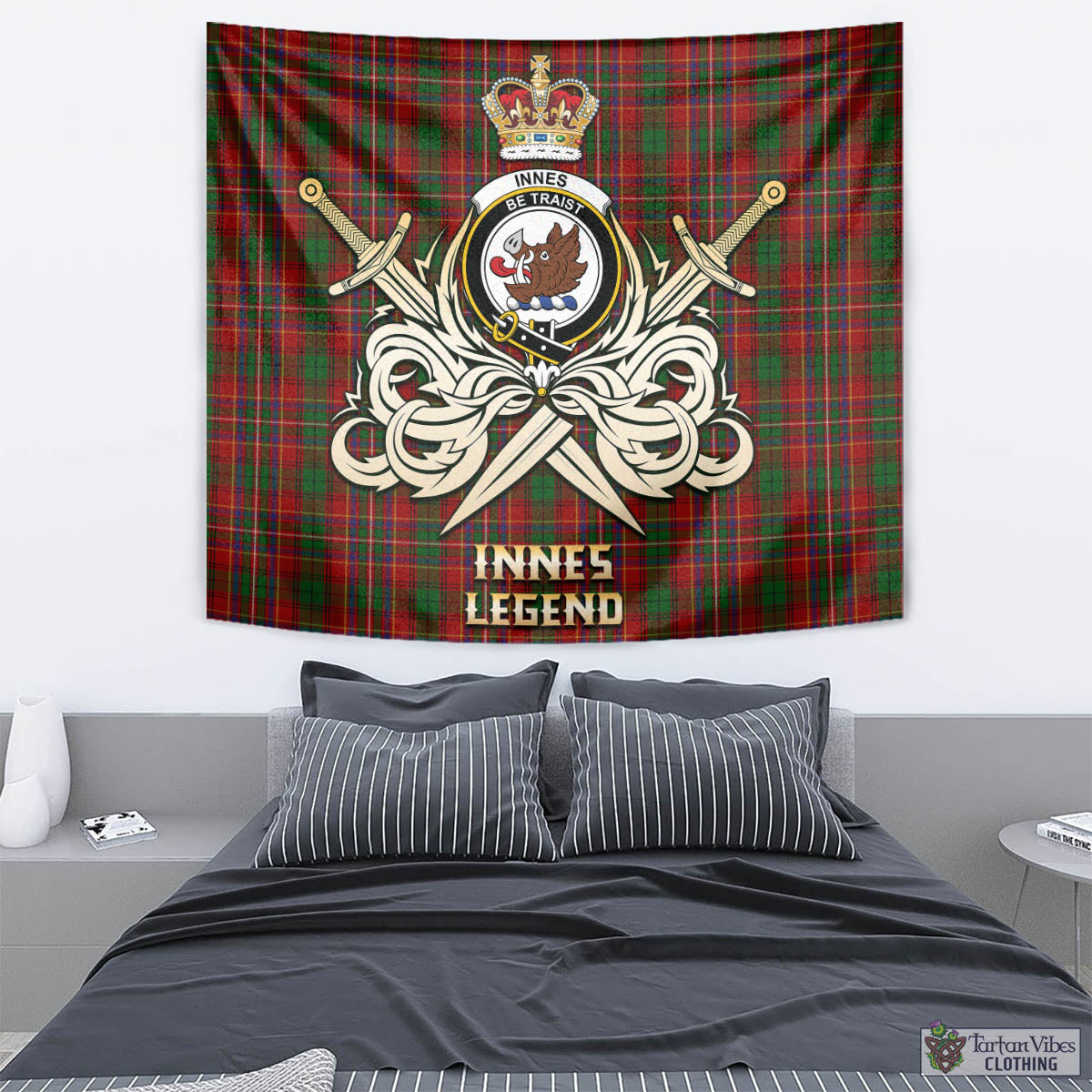 Tartan Vibes Clothing Innes Tartan Tapestry with Clan Crest and the Golden Sword of Courageous Legacy