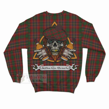 Innes Tartan Sweatshirt with Family Crest and Bearded Skull Holding Bottles of Whiskey