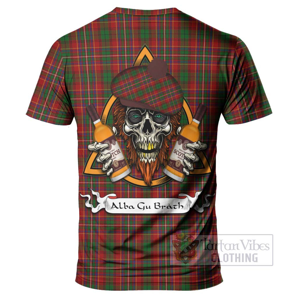 Tartan Vibes Clothing Innes Tartan T-Shirt with Family Crest and Bearded Skull Holding Bottles of Whiskey