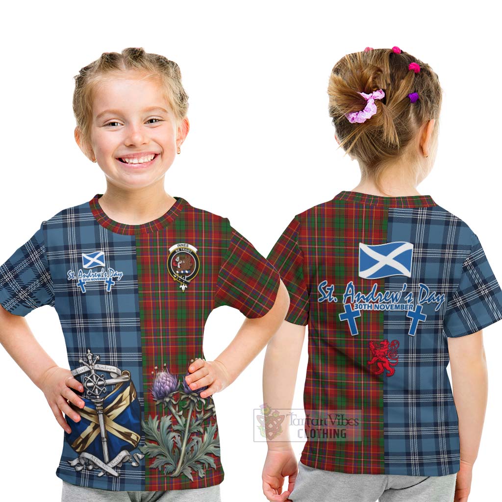 Innes Tartan Kid T-Shirt Happy St. Andrew's Day Half Tartan Style - Tartan Vibes Clothing
