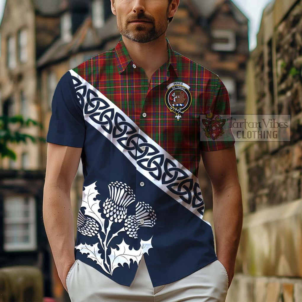 Tartan Vibes Clothing Innes Tartan Short Sleeve Button Shirt Featuring Thistle and Scotland Map