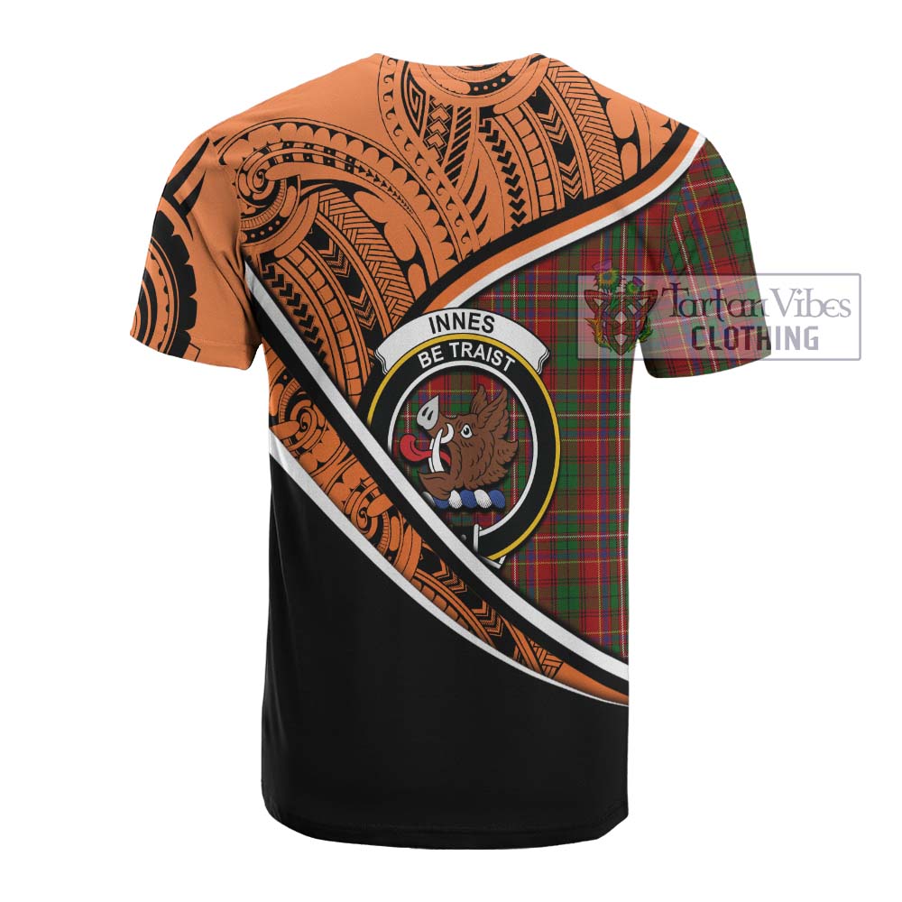 Tartan Vibes Clothing Innes Crest Tartan Cotton T-shirt with Maori Tattoo Style - Orange Version