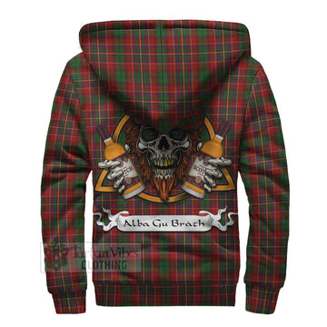 Innes Tartan Sherpa Hoodie with Family Crest and Bearded Skull Holding Bottles of Whiskey