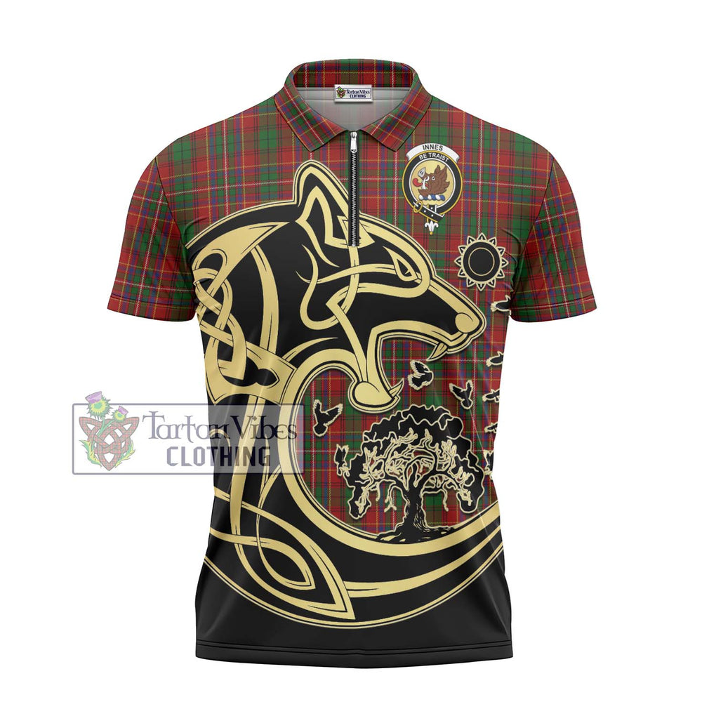 Innes Tartan Zipper Polo Shirt with Family Crest Celtic Wolf Style - Tartanvibesclothing Shop